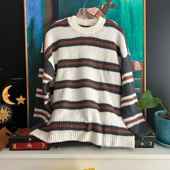 American Eagle Outfitters Striped Crew Neck Sweater - White, Gray, Brown XS - Picture 1 of 16